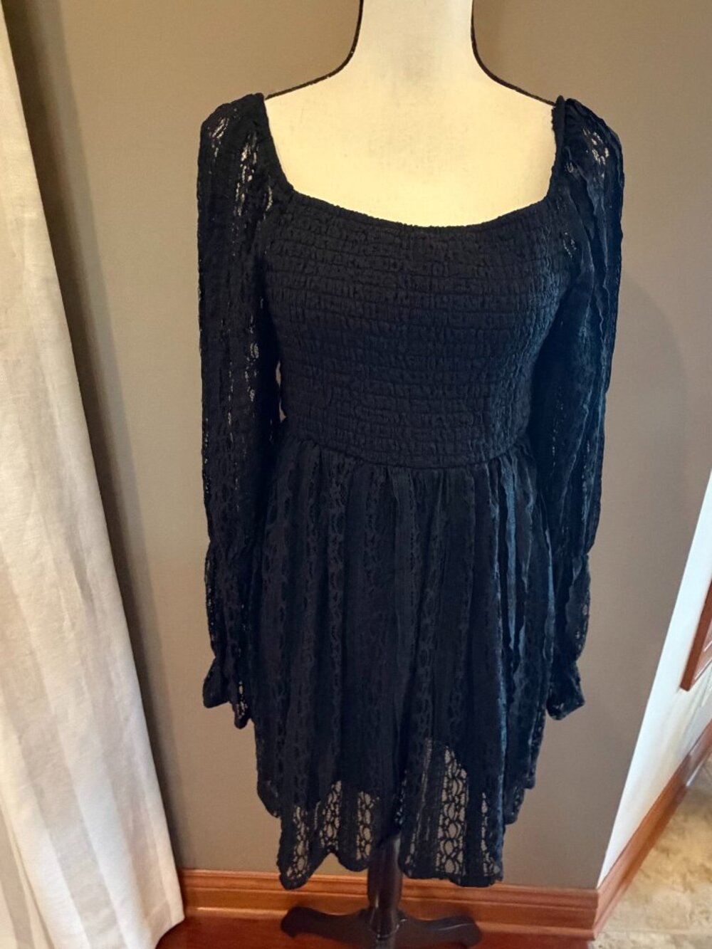 Black Dark Romantic Whimsygoth Witch Lace Ruched Sheer Mini Dress, Size Large